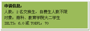 文本框: 申请信息:人数:2名交换生,自费生人数不限对象:商科、教育学院大二员工IELTS:6.0或TOEFL:70