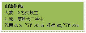 文本框: 申请信息:人数:2名交换生对象:商科大二员工雅思6.0,写作>6.5;托福80,写作>25